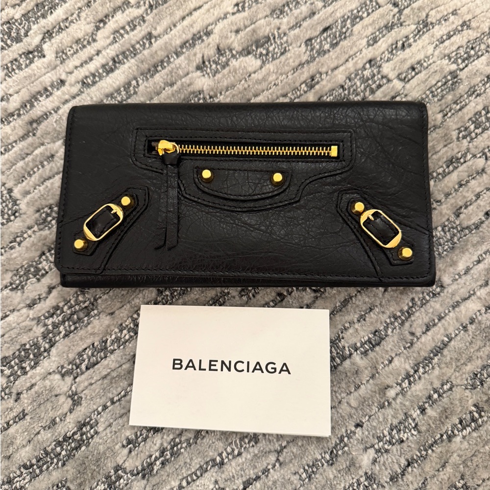 Balenciaga Black Leather Wallet with Gold Accents